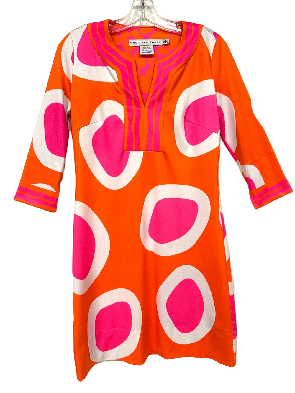 Gretchen Scott XS Orange Pink Geometric 3/4 Sleeve Tunic Shift Dress Resort
